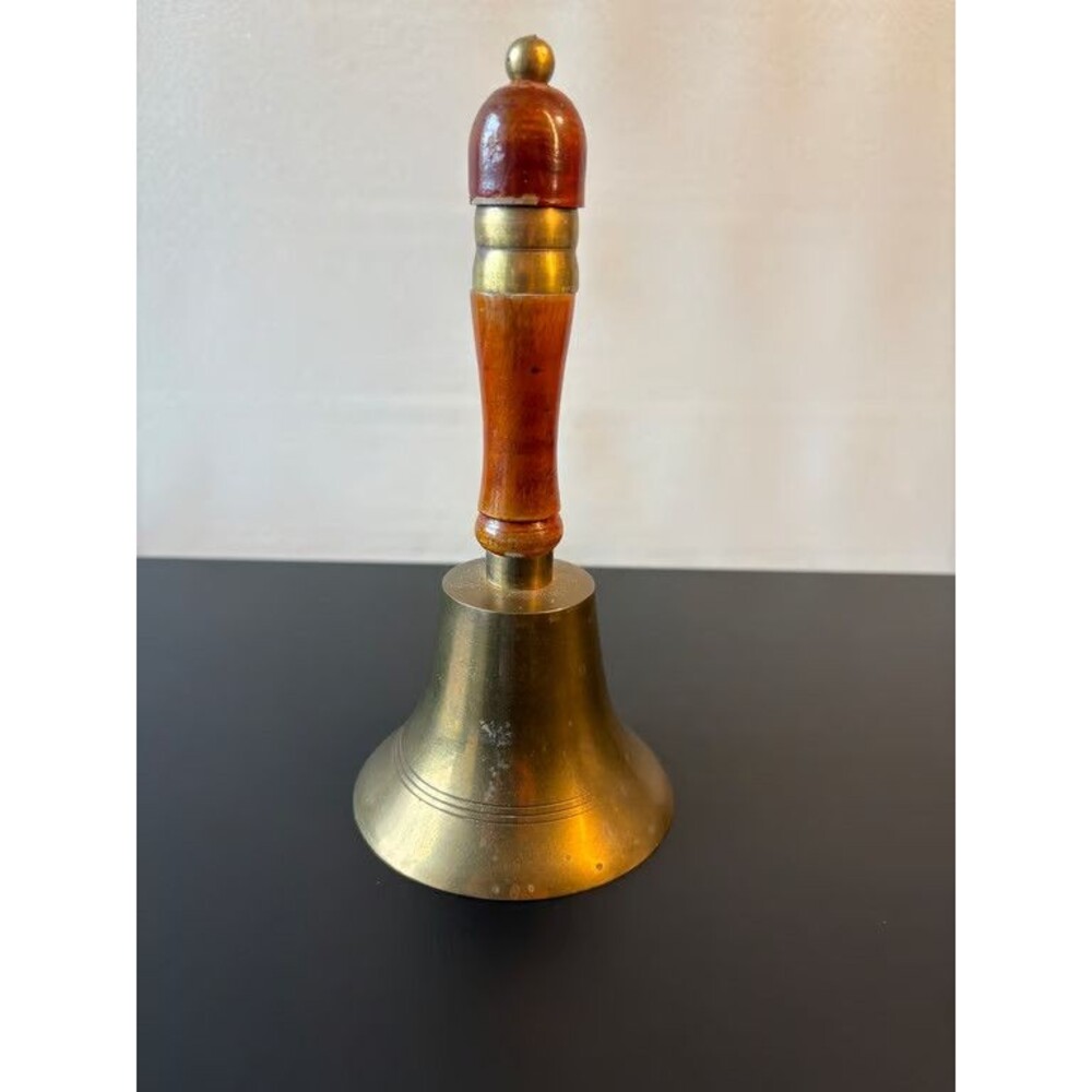 Brass Hand Bell Turned Wood Handle Vintage School Dinner Bell